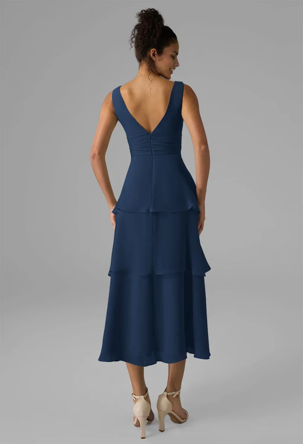 A-line V-Neck Tea Length Short Sleeves Prom Dresses Chiffon Chic Tiered Affordable Prom Dresses For Ladies