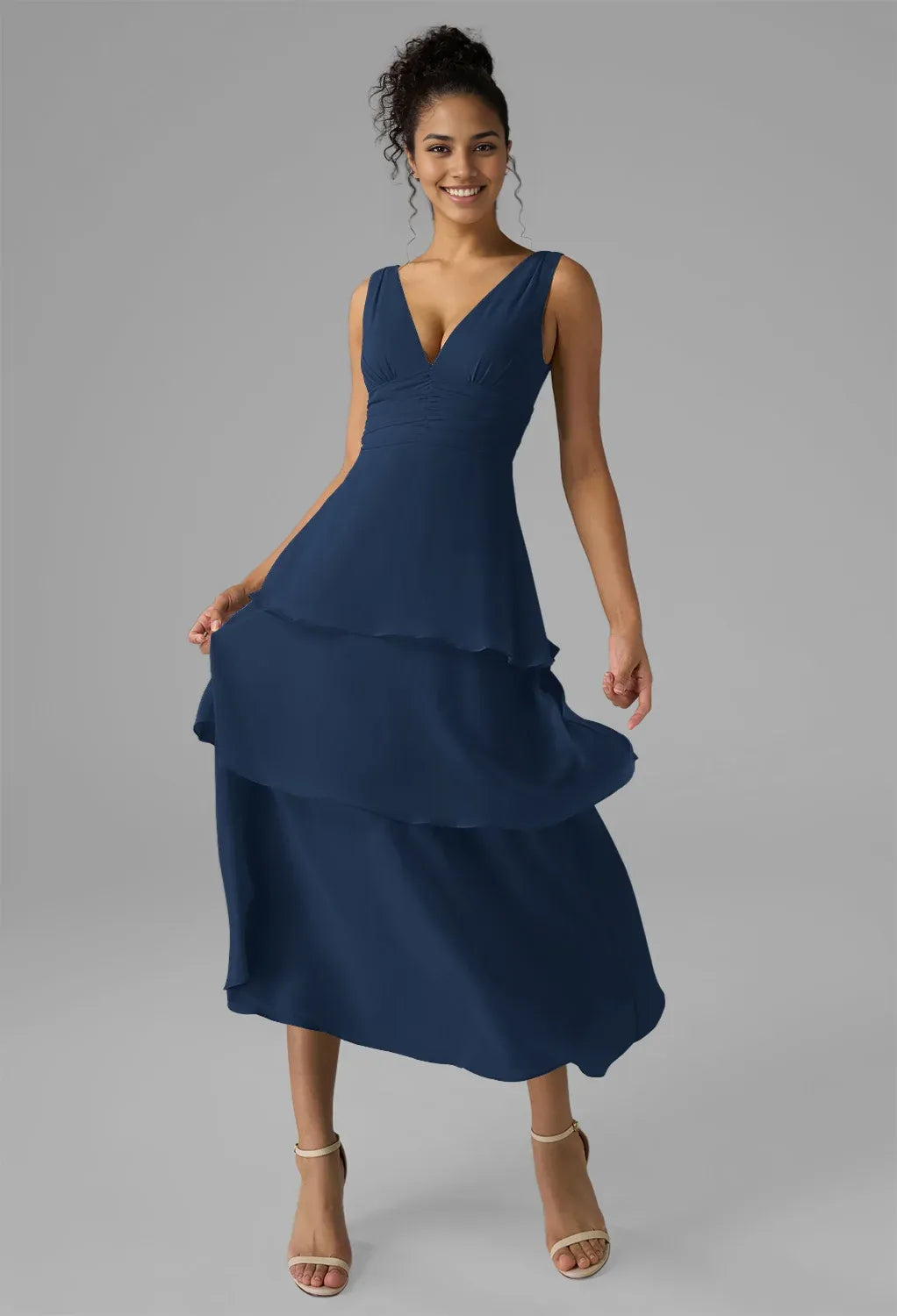 A-line V-Neck Tea Length Short Sleeves Prom Dresses Chiffon Chic Tiered Affordable Prom Dresses For Ladies