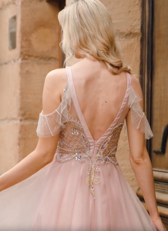 A-line Backless Off Shoulder Beads Rhinestones Decor Tulle Party Dress Pearl Pink