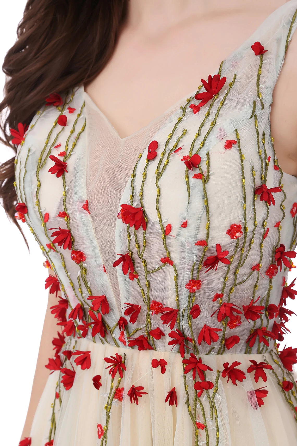 Hermoso vestido formal de tul con encaje y escote en V, floral, largo hasta el suelo, para fiesta de graduación 