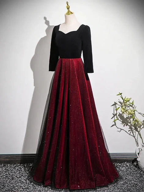 Burgundy Velvet and Glitter Tulle A-Line Sweetheart Floor-Length Dress