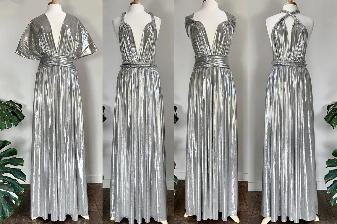 Robe de soirée de bal de fin d'année argentée, coupe trapèze, décolleté en V profond, dos nu, sans manches, style multiple, longueur au sol 