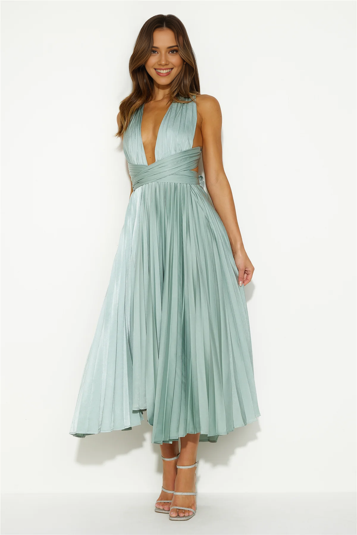 A-line Deep V Neck Simple Sleeveless Ankle Length Prom Party Dress