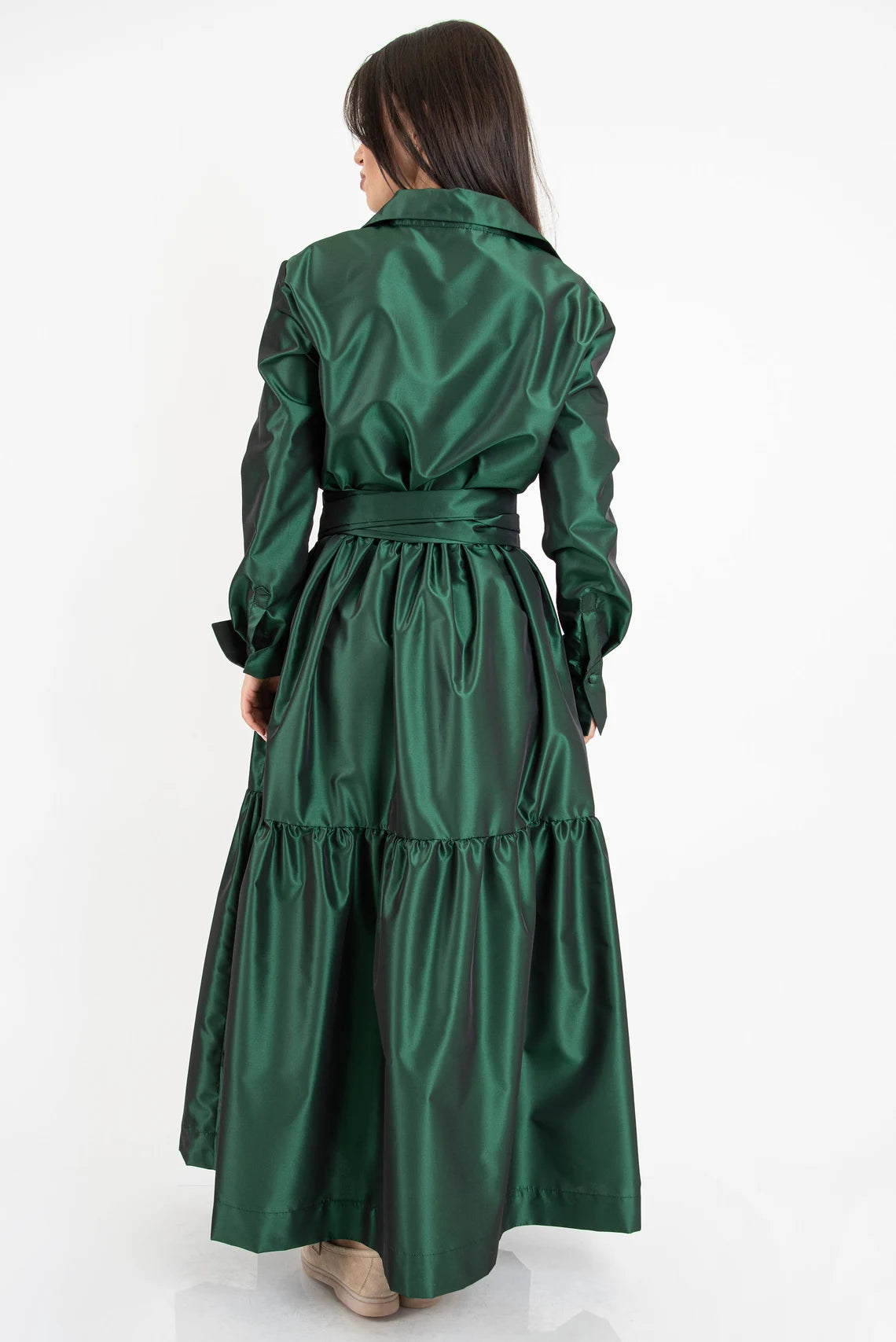 Robe chemise longue à volants vert émeraude pour femme, coupe trapèze, manches longues, tunique, robe à volants, robe vert émeraude, robe à manches longues, robe drapée 