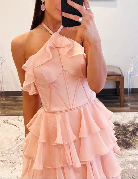 A-line Halter Keyhole Sleeveless Ruffle Tiered Prom Dress with Slit