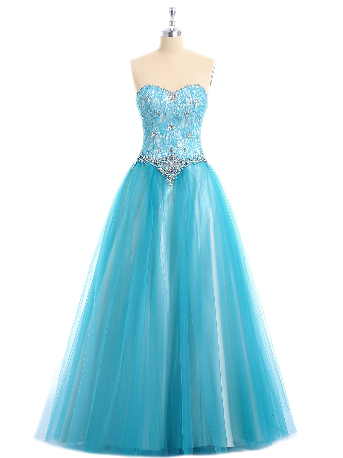 Robe de soirée trapèze en dentelle et tulle, épaules dénudées, décolleté en cœur 