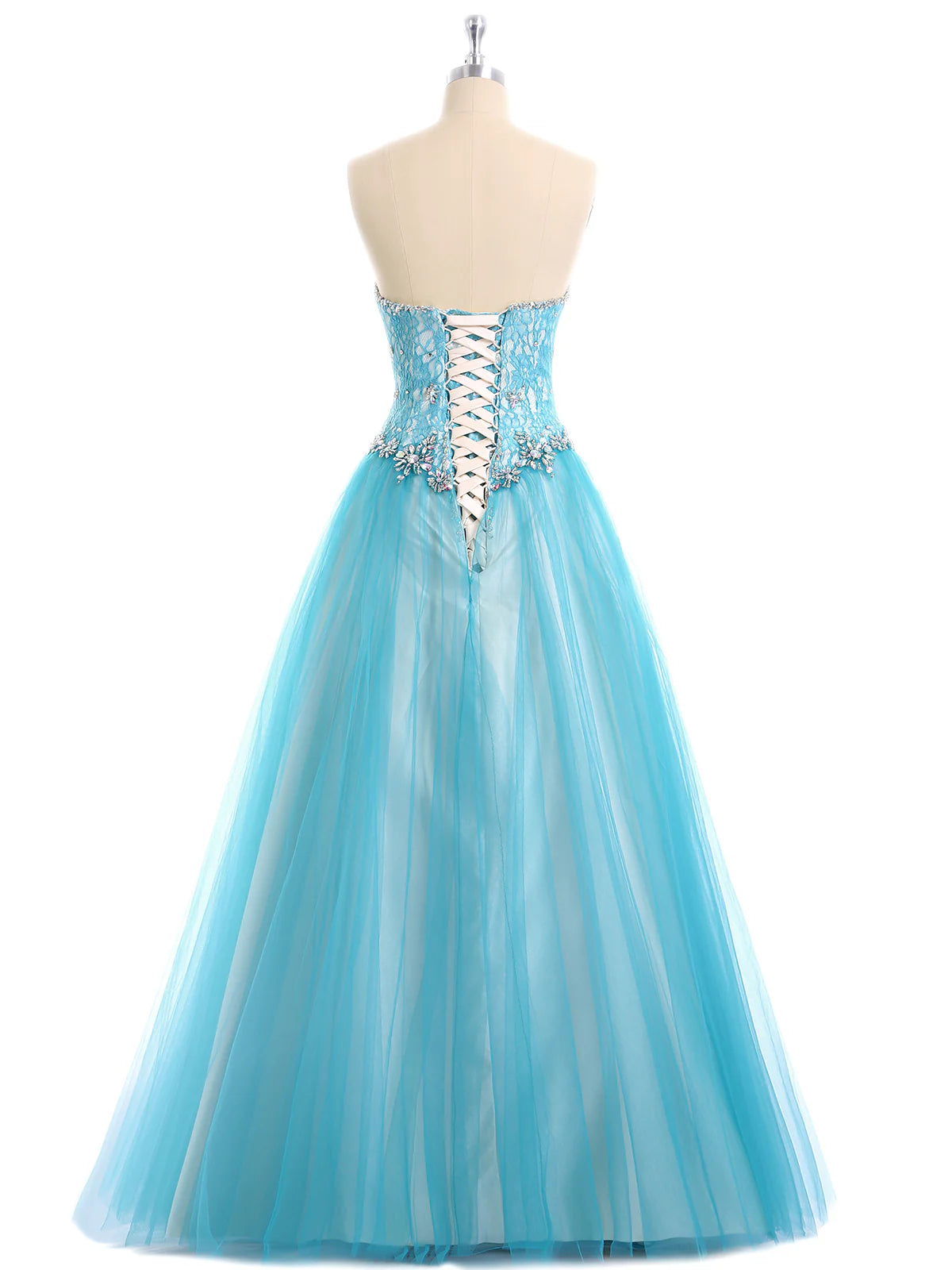 Robe de soirée trapèze en dentelle et tulle, épaules dénudées, décolleté en cœur 