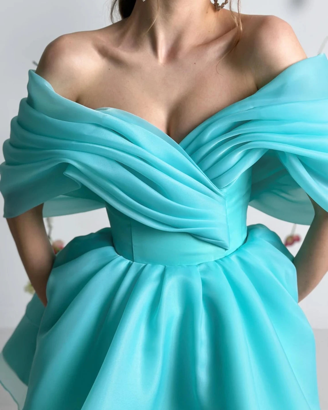 A-line Off Shoulder Sleeveless Multi Layer V Neck Elegant Short Homecoming Prom Dress