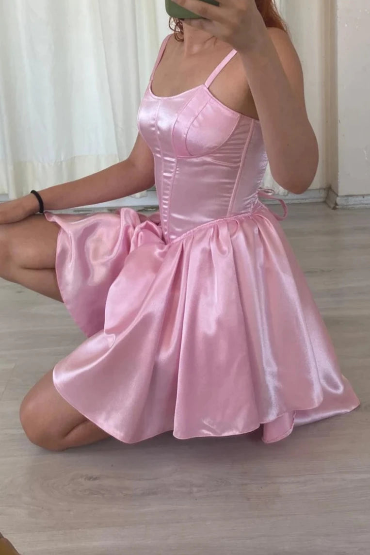Robe de soirée courte en satin rose coupe A, robe chic à coupe en V, robe courte rose, robe corset courte rose, robe de soirée, robe de remise de diplôme, robe corset de bal 