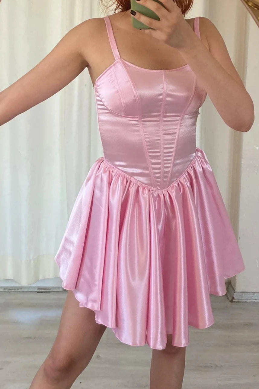 Robe de soirée courte en satin rose coupe A, robe chic à coupe en V, robe courte rose, robe corset courte rose, robe de soirée, robe de remise de diplôme, robe corset de bal 