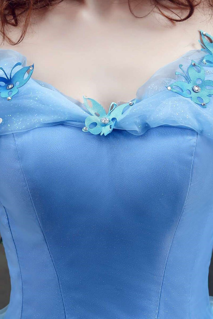 Robe de bal princesse bleue trapèze en tulle à épaules dénudées et motif papillon 