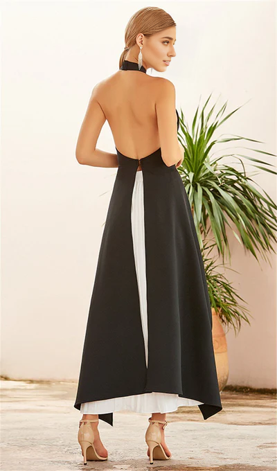 A-line Semi High Collar With No Sleeves Backless Prom Dress