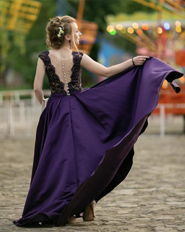 Vestidos de fiesta modestos de satén, encaje y cuentas, sin mangas, corte A