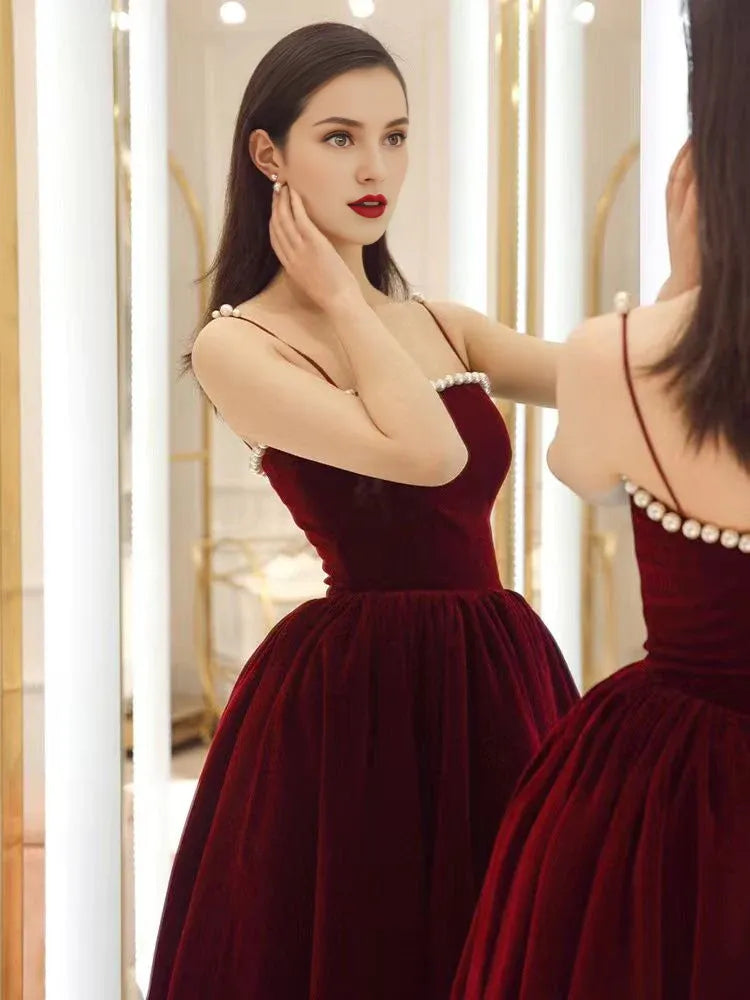 A-line Spaghetti Straps Simple Strapless Tea Length Prom Dress