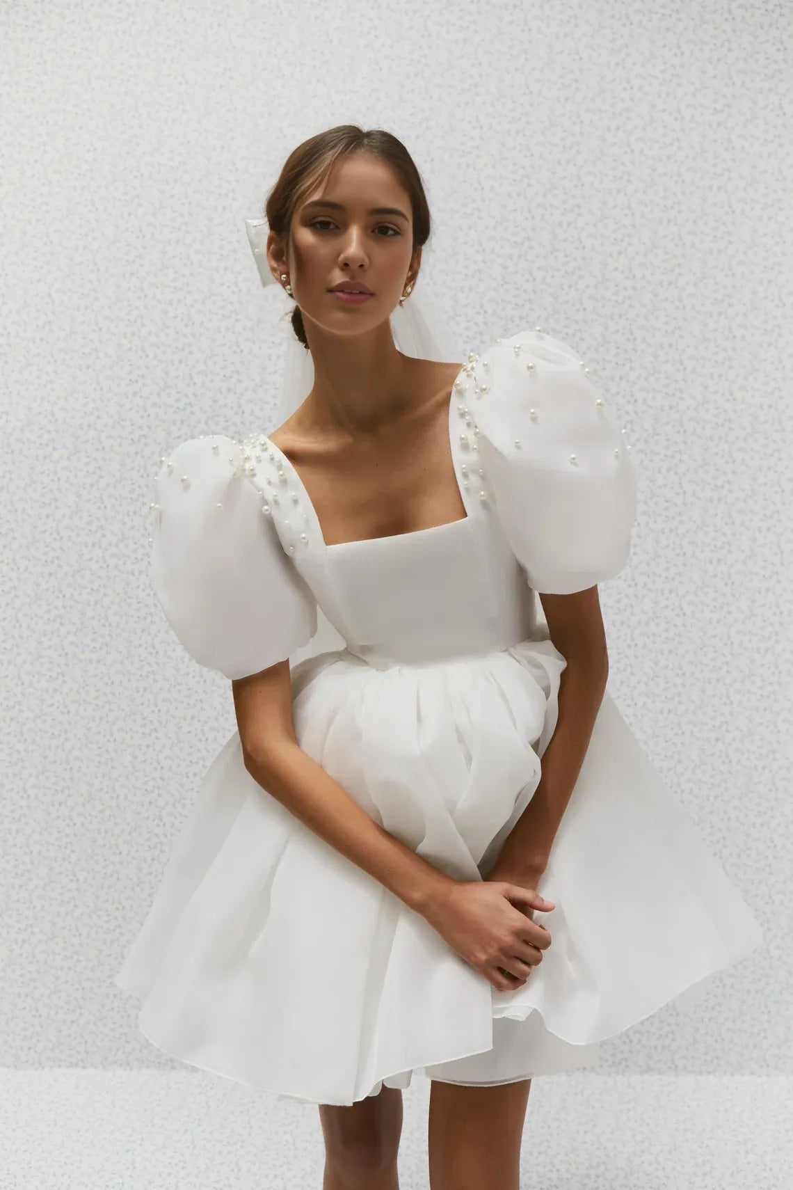 A-line Square Neck Short Wedding Dress Mini Wedding Dress Puff Sleeves Dress Rehearsal Bridal Dress