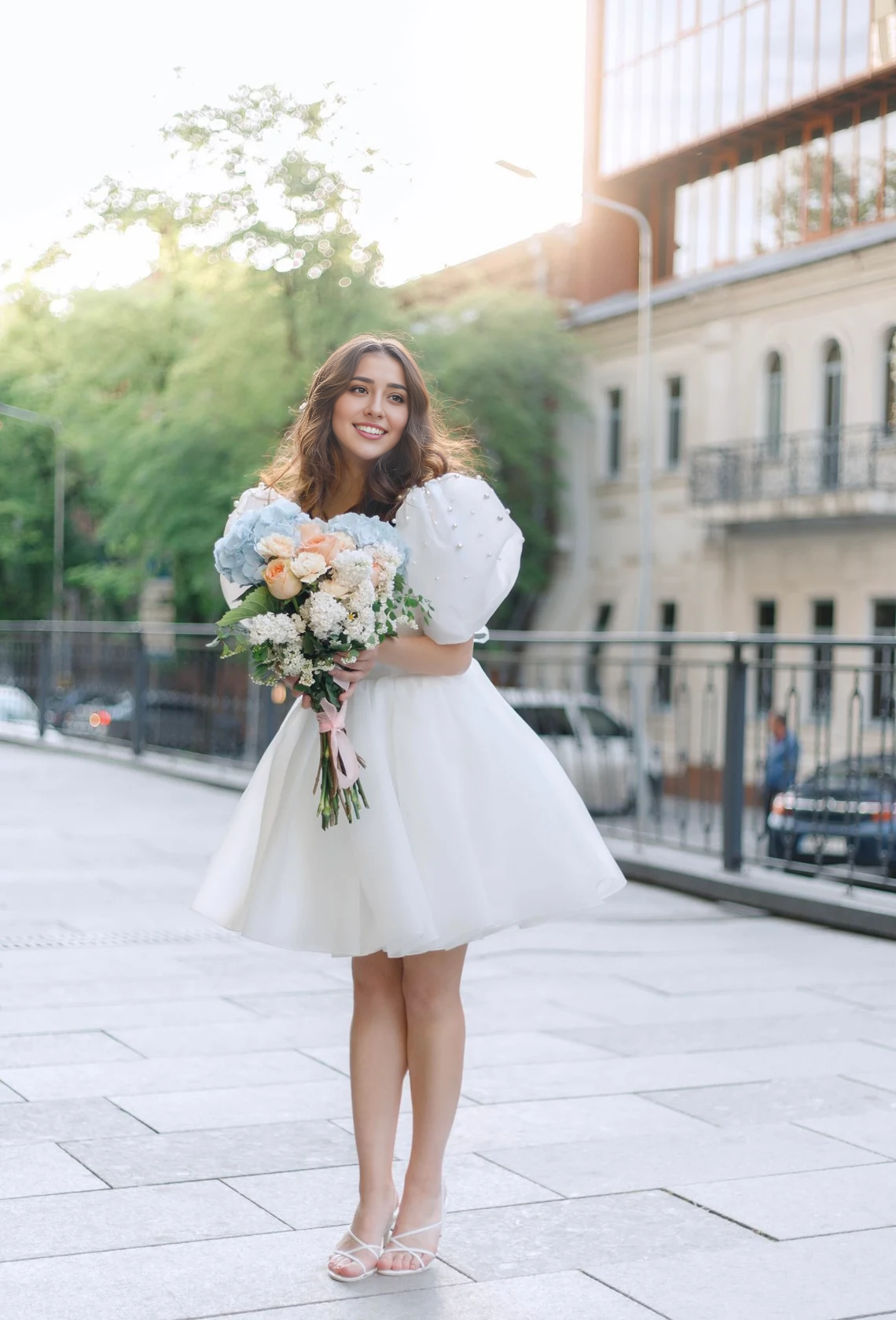 A-line Square Neck Short Wedding Dress Mini Wedding Dress Puff Sleeves Dress Rehearsal Bridal Dress