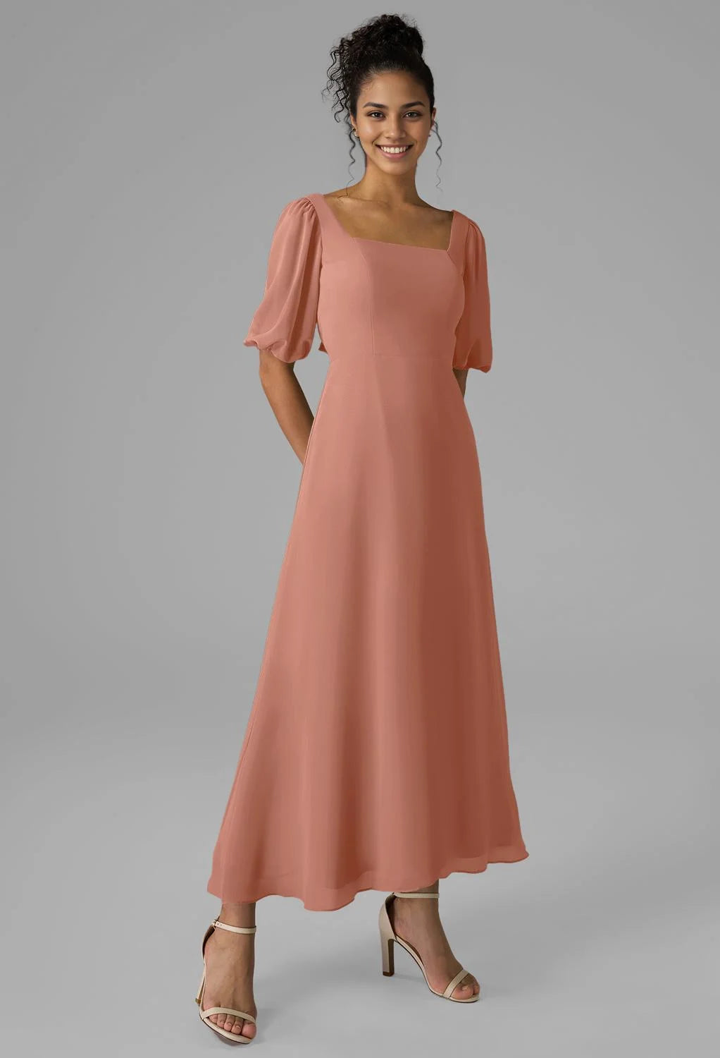 A-line Square Neckline Ankle Length Short Sleeves Prom Dresses Chiffon Chic Ruching Simple Chiffon Party Dresses