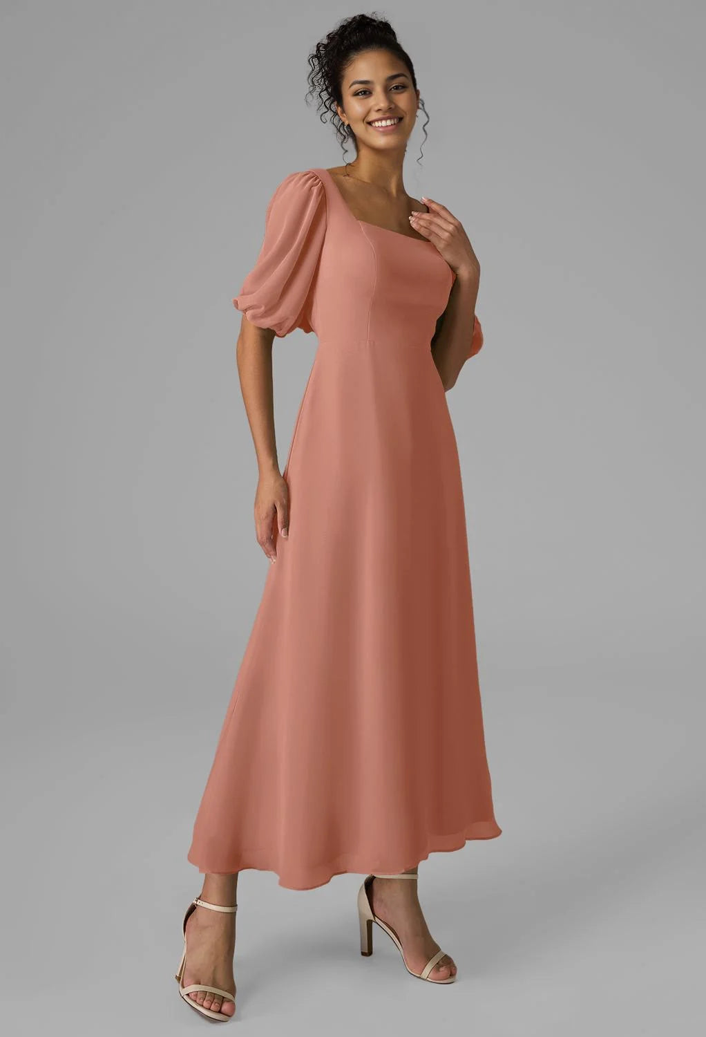 A-line Square Neckline Ankle Length Short Sleeves Prom Dresses Chiffon Chic Ruching Simple Chiffon Party Dresses