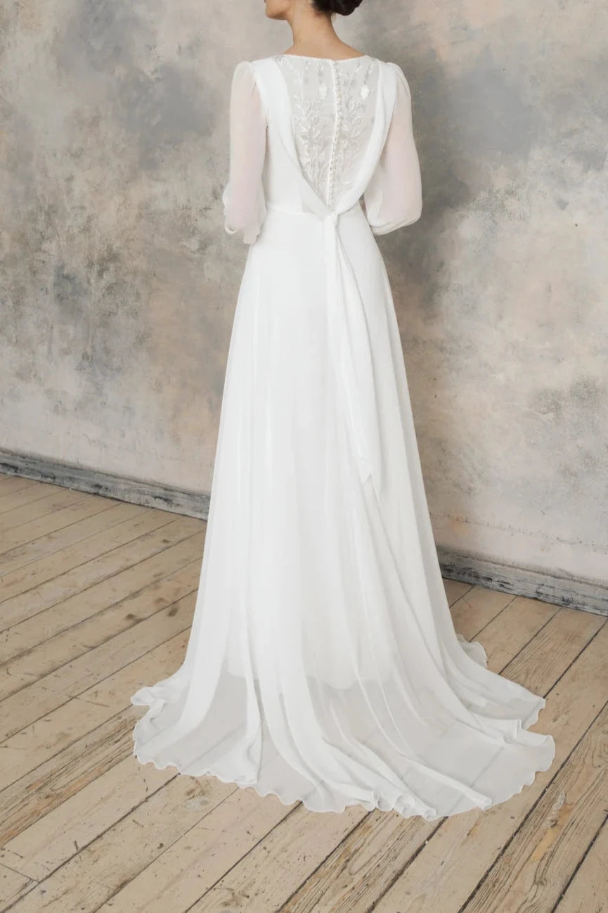 A-line Square neck wedding dress with Long Sleeves Floor Length Elegant Bride Dress
