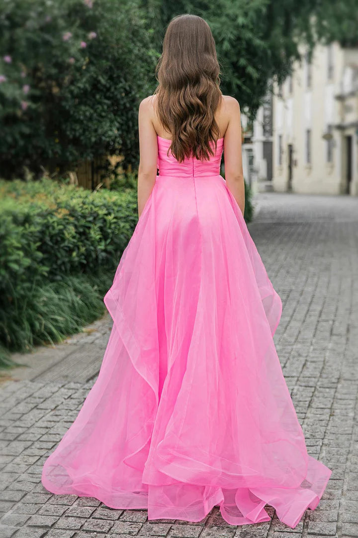 Robe de bal longue rose en tulle, coupe trapèze, longueur au sol, épaules dénudées, sans bretelles