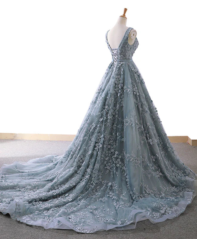 Robe de bal trapèze longue en tulle et dentelle avec traîne