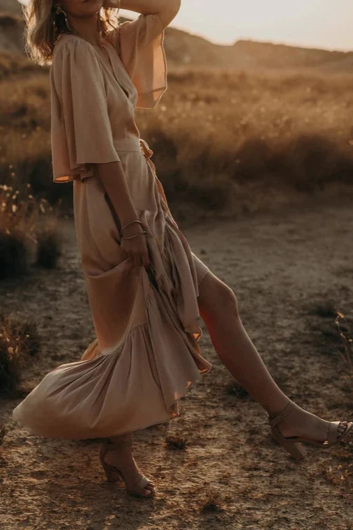 Robe de soirée trapèze à col en V et manches courtes, à lacets et longueur cheville 