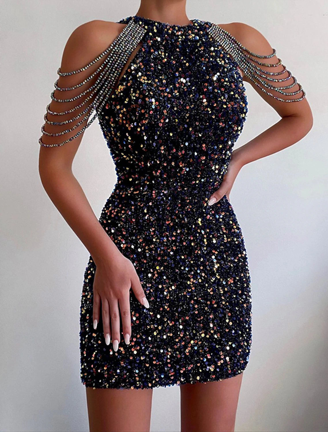Women's Fringe Dress Pink Black Sequin Dress Party Dress Sparkly Dress Homecoming Dress Bodycon Mini Dress Black Sleeveless Tassel Beads Spring Crew Neck Hot Elegant