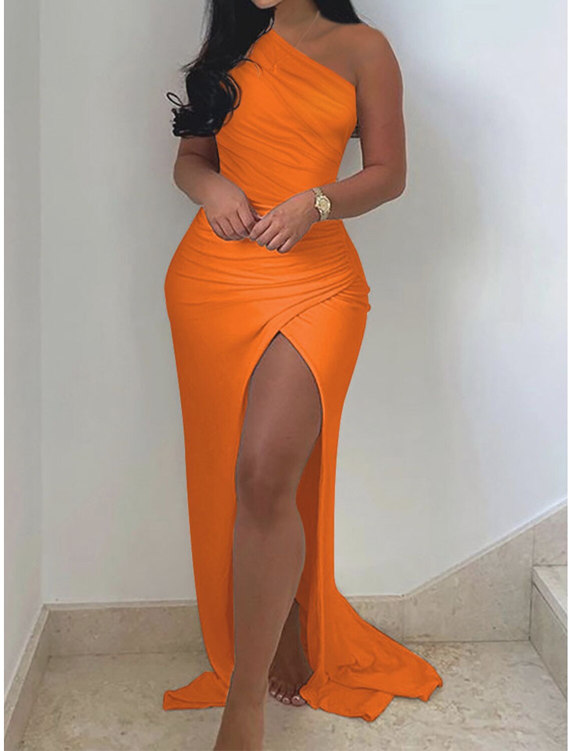 Weitese Women's Party Dress Wedding Guest Dress Bodycon Long Dress Maxi Dress Orange Sleeveless Pure Color Ruched Spring Fall Winter One Shoulder Fashion Winter Dress Wedding Guest Evening Party