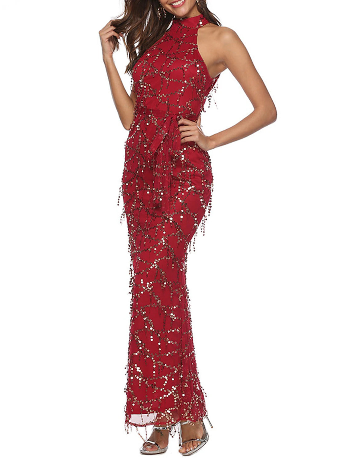 Weitese Women's Sequin Dress Fringe Dress Prom Dress Long Dress Maxi Dress Burgundy Sleeveless Plain Sequins Summer Spring Fall Halter Neck Red Valentines Dress Valentine's Day Wedding Guest Evening Party