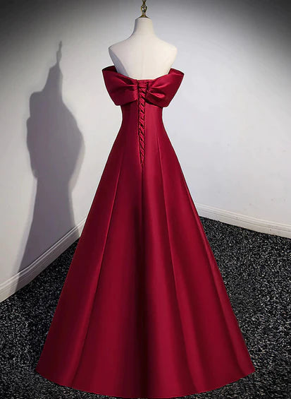 Vestido de fiesta de satén rojo vino, largo hasta el suelo, con hombros descubiertos y corte A