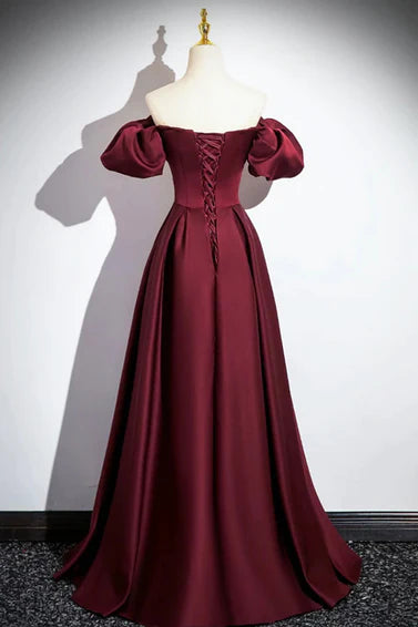 Wine Red Satin Off Shoulder Long Party Dress