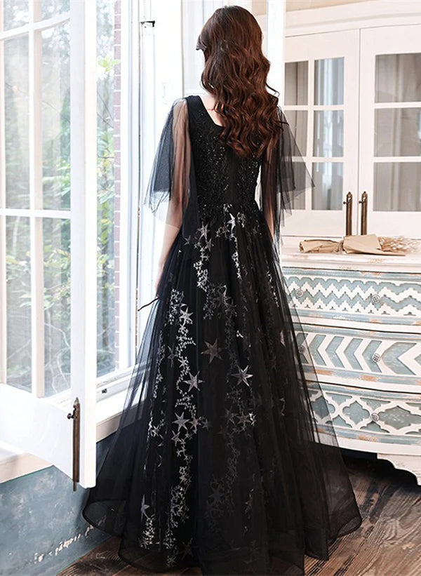 Black Beaded Straps A-line Floor Length Party Dress