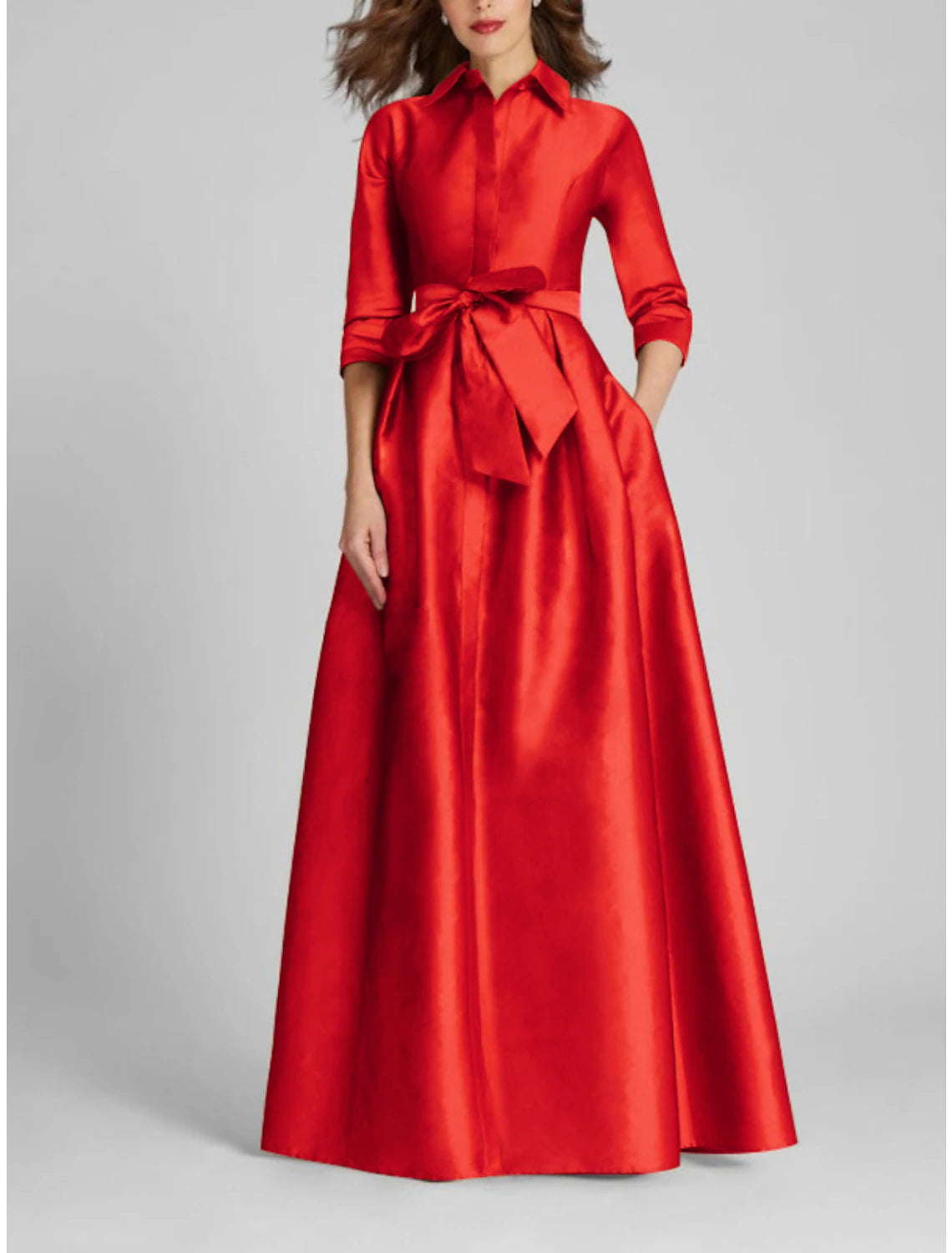 Weitese Satin A-Line Evening Gown Champagne Gold Minimalist Black Red Green Dress Dress Formal Fall Floor Length Half Sleeve Shirt Collar with Bow(s) Pleats