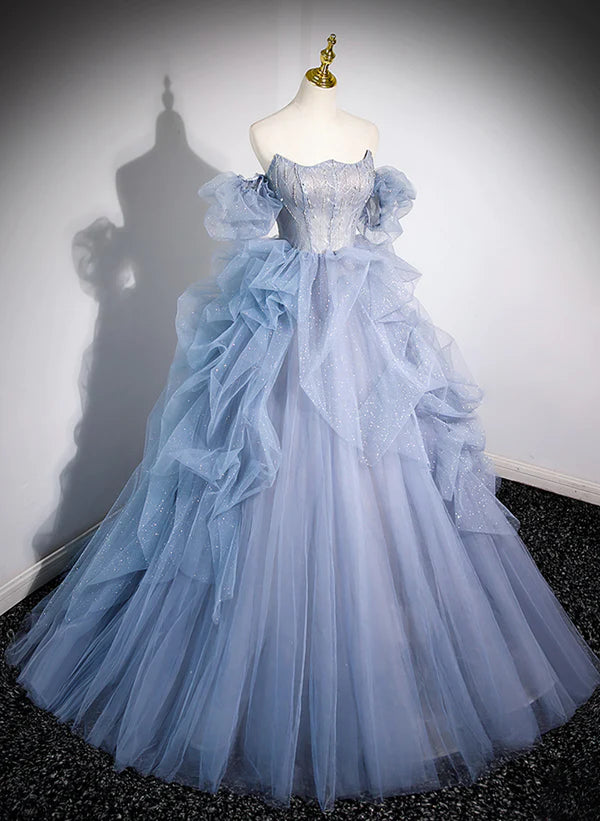 Floor Length Ruffle Blue Tulle Long Beaded Off Shoulder Prom Dress