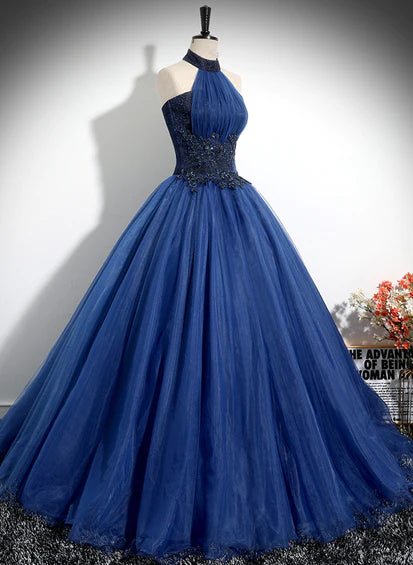 Off Sleeves Blue High Neckline Ball Gown Floor Length Formal Dress
