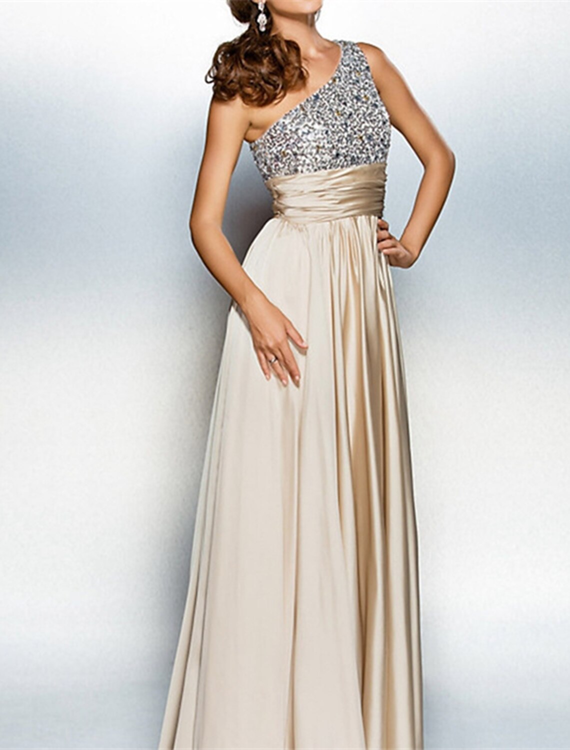 Women's Sequin Dress Prom Dress Party Dress Sparkly Dress Long Dress Maxi Dress Beige Sleeveless Summer Spring Fall One Shoulder Fashion
