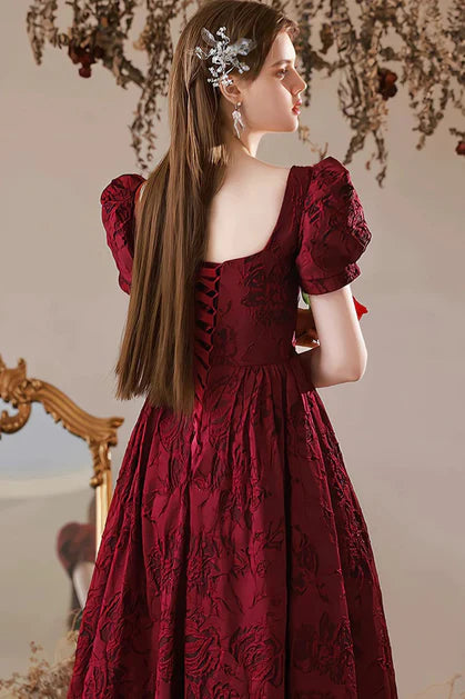 Wine Red Sweetheart Floral A-line Prom Dress