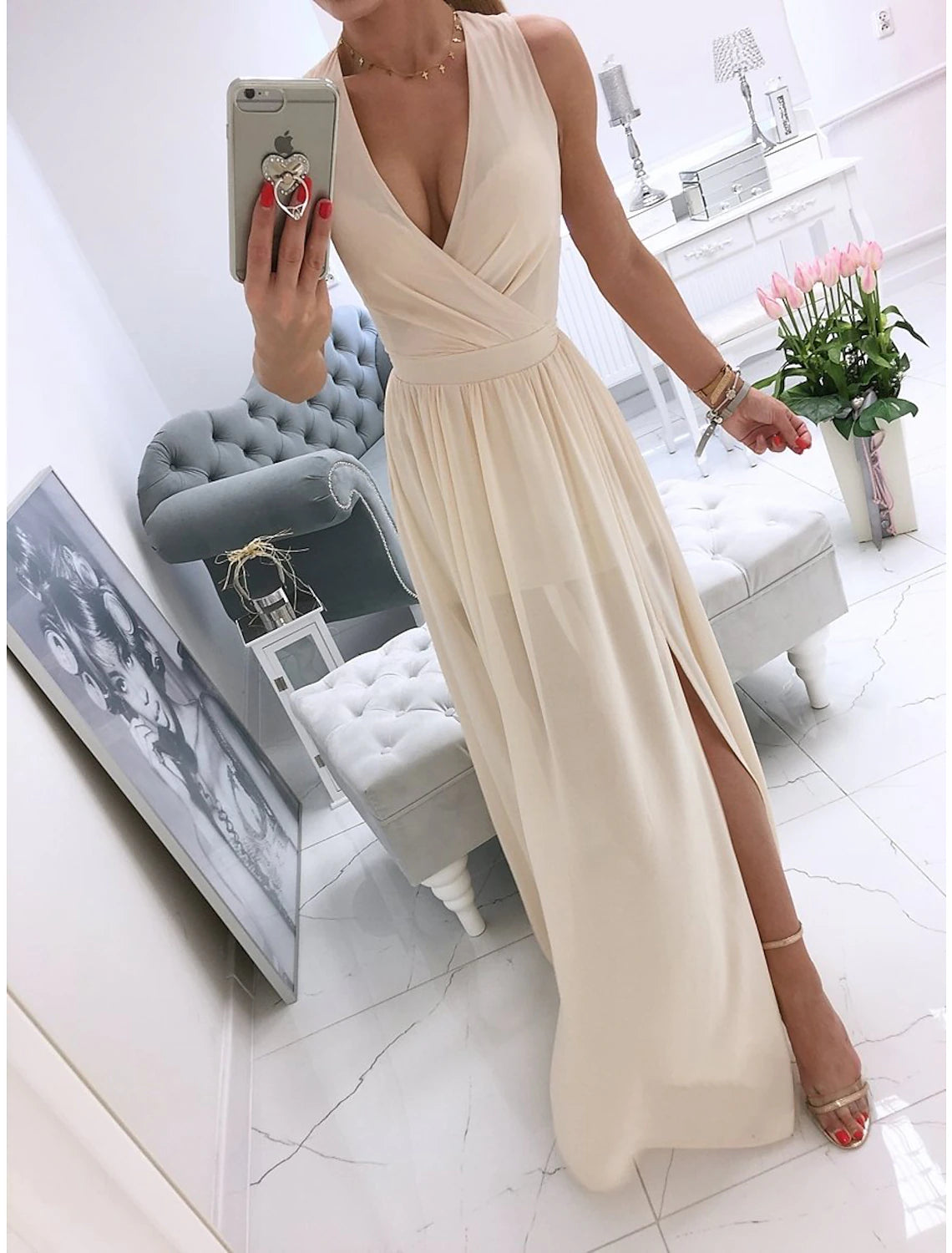Women's Party Dress Holiday Dress Swing Dress Long Dress Maxi Dress Leather Pink White Light Green Sleeveless Pure Color Split Spring Summer V Neck Vacation Party Wedding Guest Date