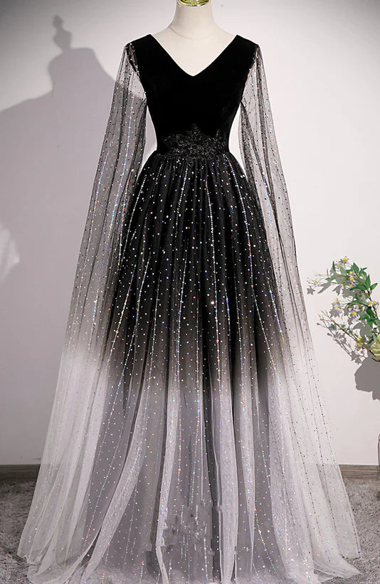 Vestido de fiesta de tul negro brillante con degradado y escote en V