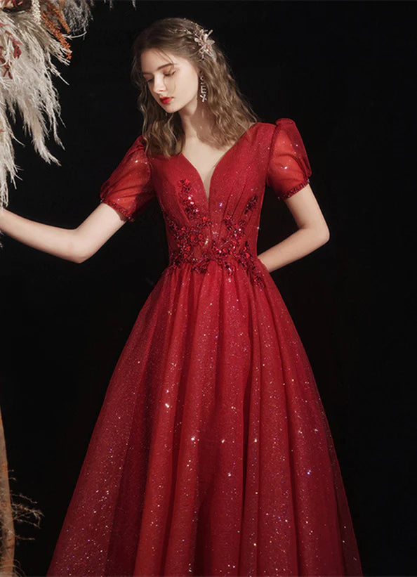 Wine Red Short Sleeves Tulle V-neckline Long Prom Dress