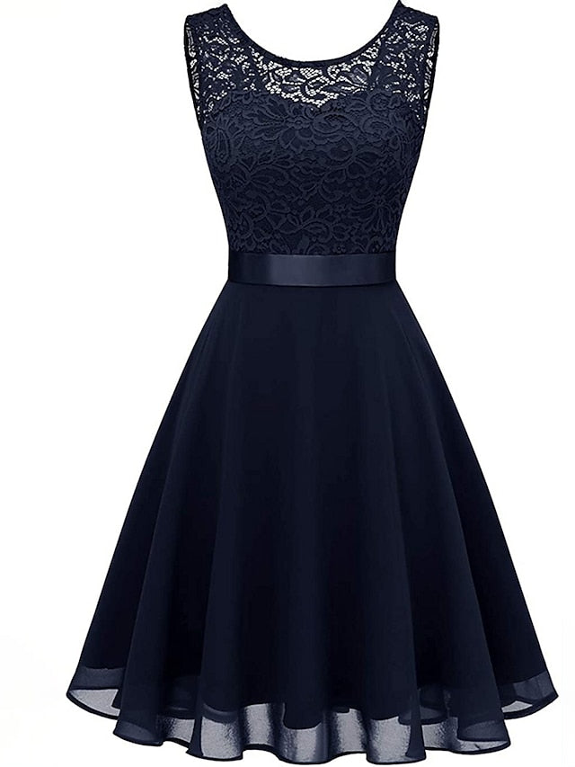 Women‘s Party Dress Lace Dress Knee Length Dress Pink Red Wine Dark Blue Red White Black Sleeveless Pure Color Lace Spring Summer Crew Neck Elegant
