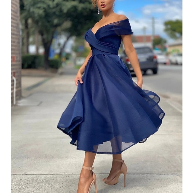 Women‘s Semi Formal Wedding Guest Party Dress Homecoming Dress Swing Dress Long Dress Maxi Dress Blue Pink Red Sleeveless Pure Color Mesh Spring Summer Off Shoulder Slim