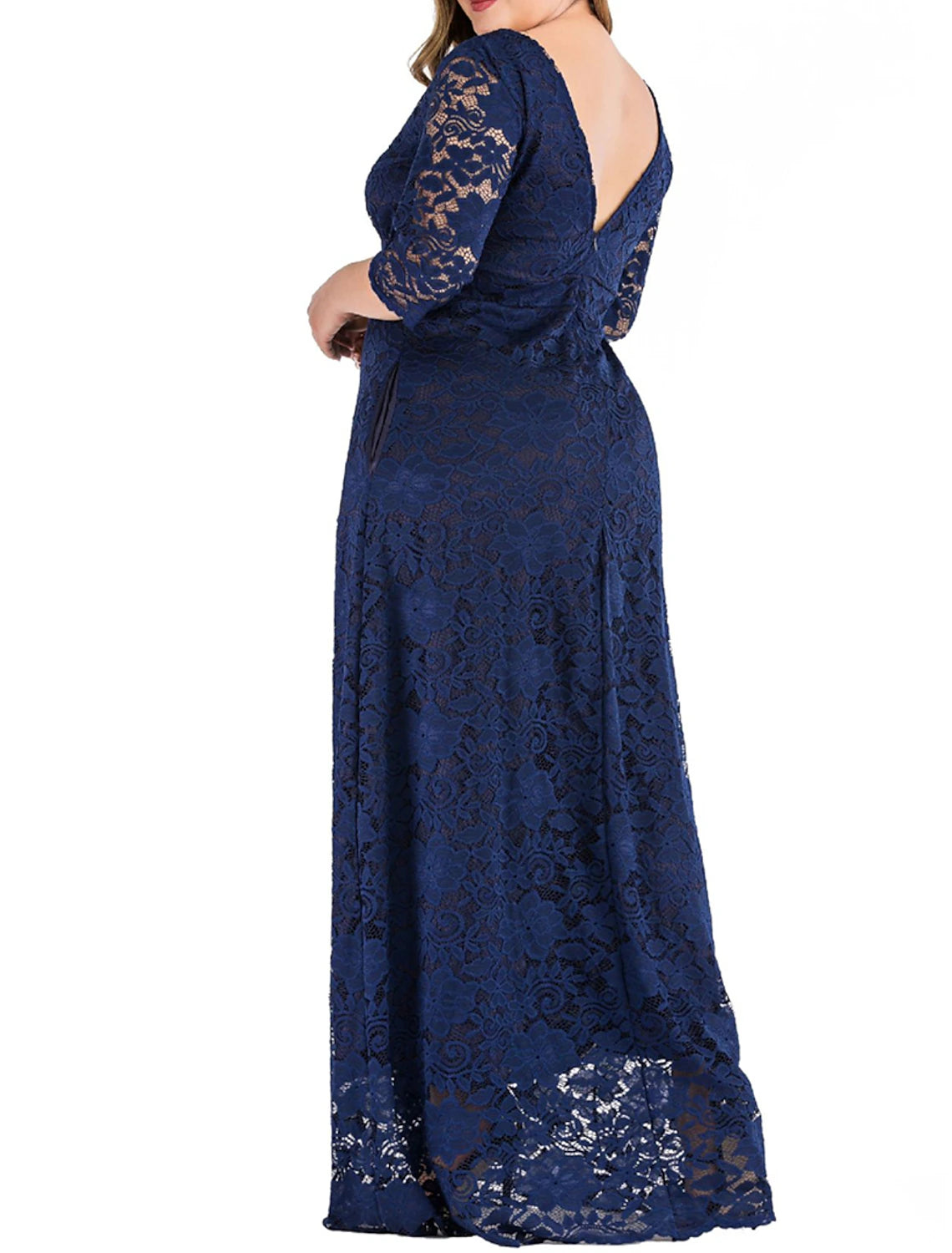Robe de bal grande taille Weitese pour femme, robe de soirée en dentelle, robe longue, robe longue, noir, rouge, bleu foncé, manches 3/4, dentelle unie, été, printemps, automne, col ras du cou, élégante, pour mariage, anniversaire, soirée