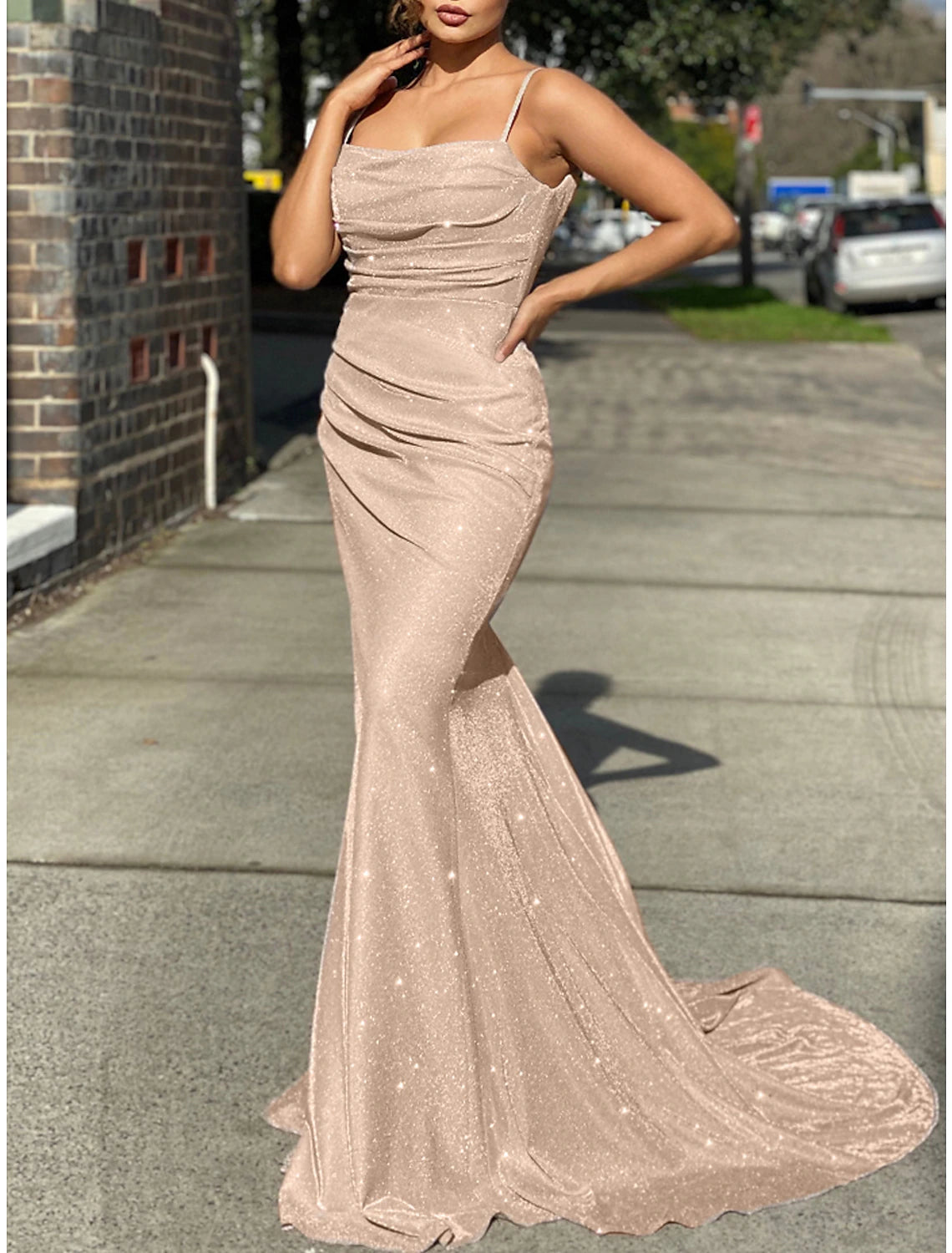 Women's Prom Dress Party Dress Little Black Dress Wedding Guest Dress Long Dress Maxi Dress Silver Black Champagne Sleeveless Pure Color Ruched Fall Winter Spaghetti Strap