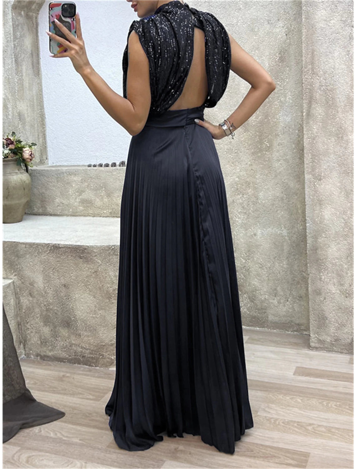 Weitese Women's Black Sequin Dress Little Black Dress Prom Dress Party Dress Sparkly Dress Long Dress Maxi Dress Black Sleeveless Spring Fall Winter Crew Neck Evening