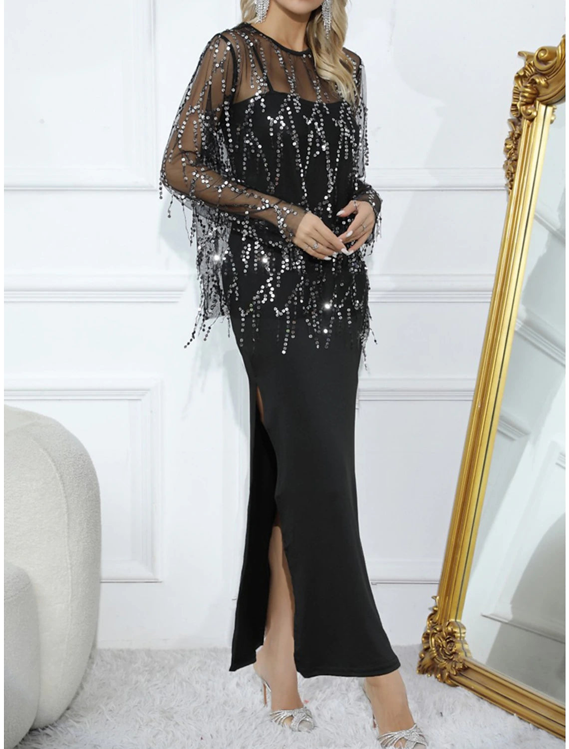 Weitese Women's Little Black Dress Sequin Dress Prom Dress Long Dress Maxi Dress Black Long Sleeve Pure Color Sequins Fall Winter Crew Neck Fashion Winter Dress Wedding Guest Evening Party