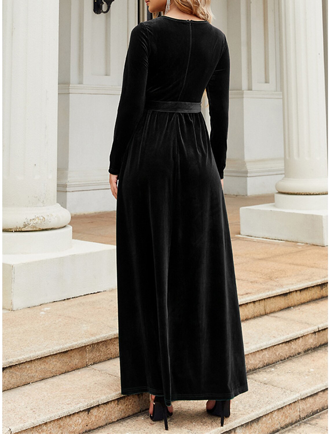 Robe noire en velours pour femme, robe de bal, robe longue, robe longue, noir, vin, bleu, manches longues, couleur unie, lacets, automne-hiver, col ras du cou, mode hiver, robe de Noël, mariage, invité