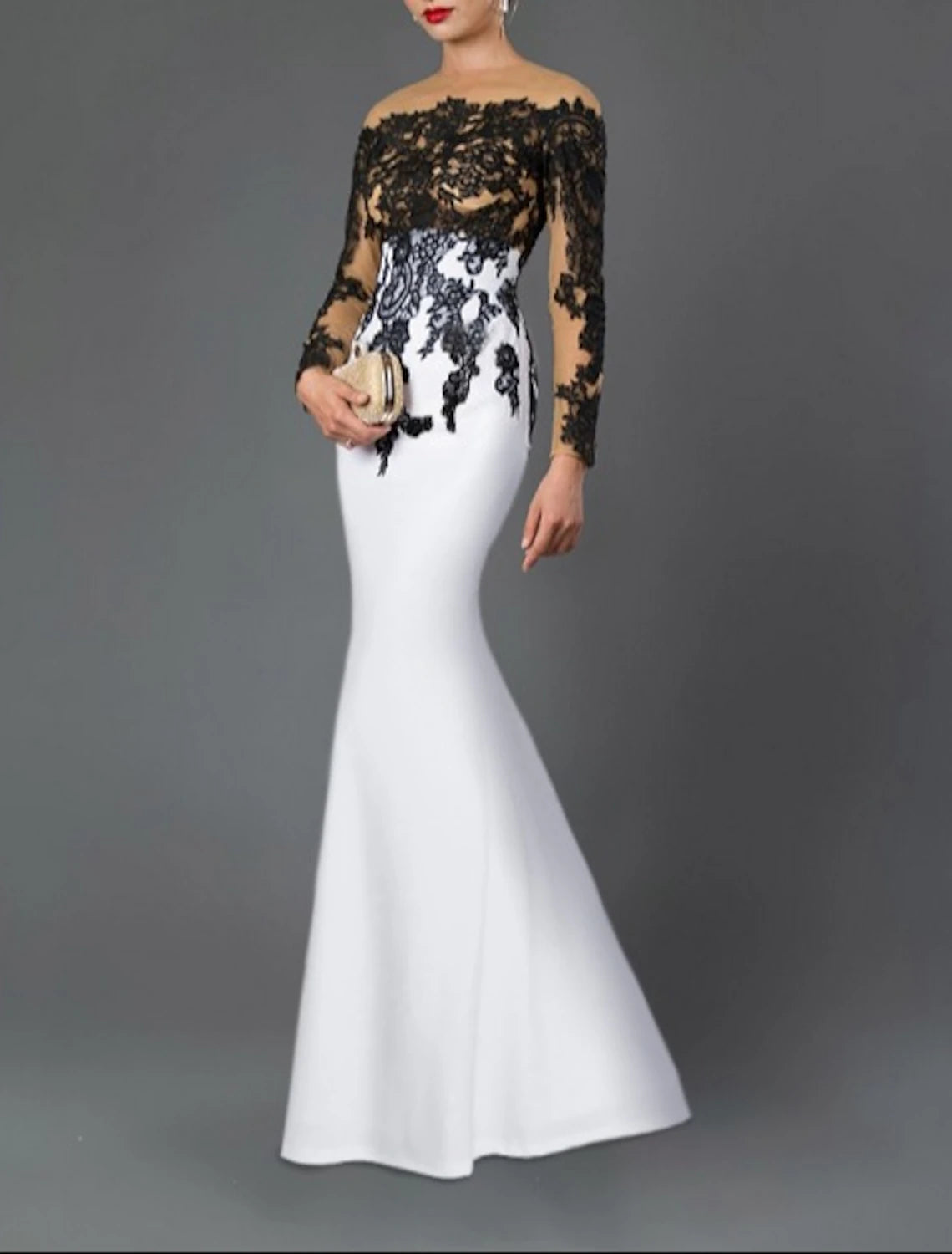 Weitese Mermaid / Trumpet Evening Gown Elegant Dress Wedding Guest Floor Length 3/4 Length Sleeve Jewel Neck Stretch Crepe with Appliques