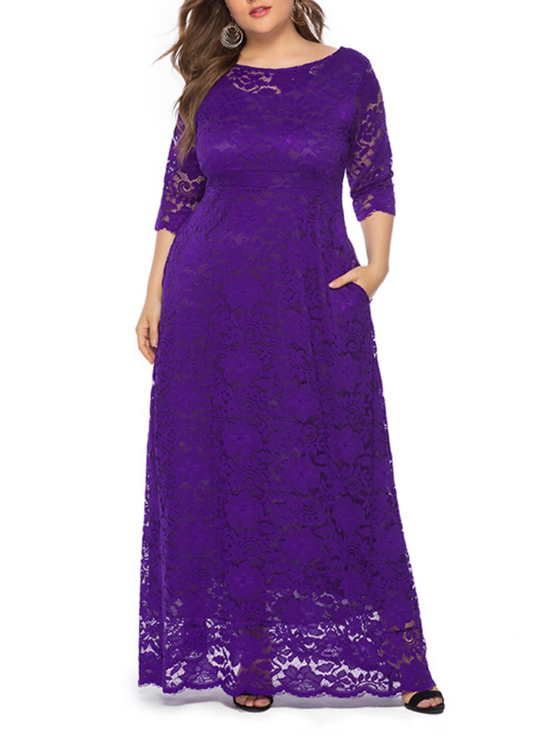 Robe de Noël verte grande taille pour femme, robe de soirée en dentelle, col rond, manches 3/4, robe de bal, robe longue, robe de soirée, robe de tous les jours