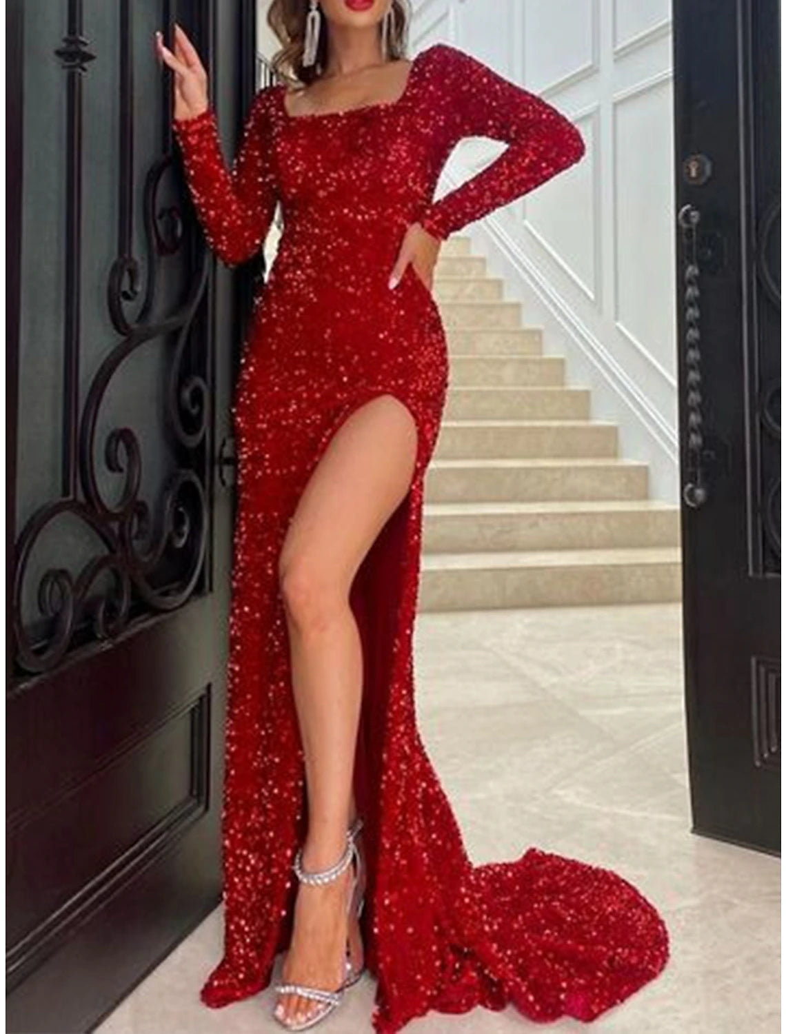 Women's Red Christmas Party Dress New Year's Eve Dress Sparkly Sequin Dress Long Dress Red Long Sleeve Sequins Square Neck Winter Dress